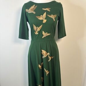 Wayward Fancies Fit and Flare green dress with embroidered birds in flight.  Sm